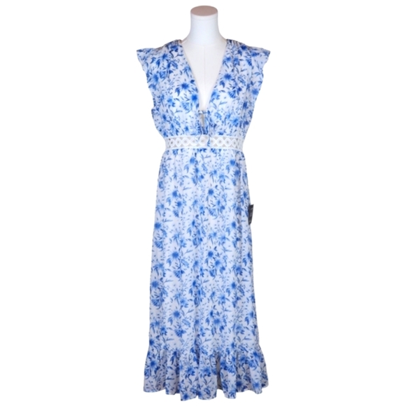 Lulus Make Things Shine White Blue Floral Midi Lightweight Flowy Dress L - Picture 1 of 16